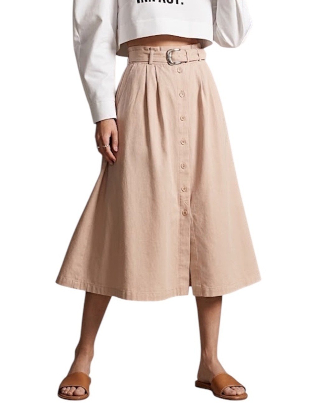 Vtg 80s Korinna old money minimal pale coral belted button front midi skirt 12